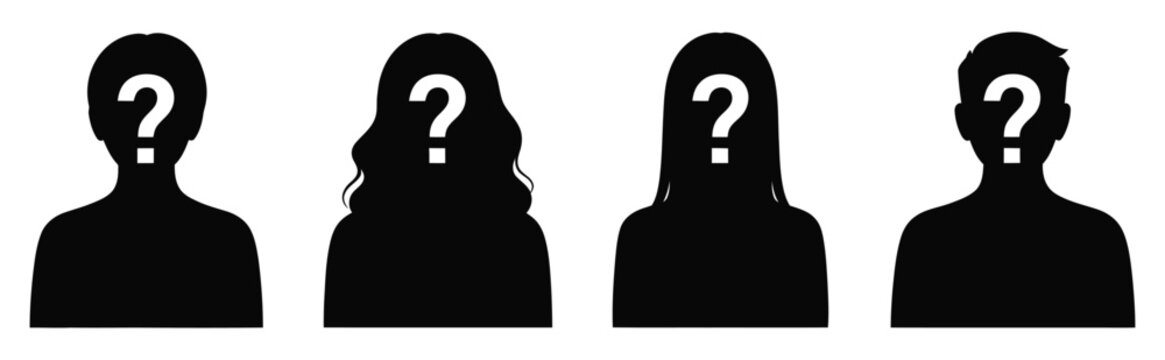 Anonymous person icon set with unknown man and woman avatar silhouettes in flat people character vector illustration style