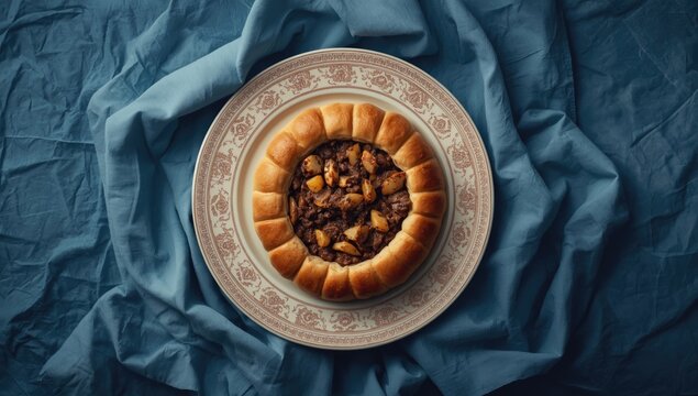 Aerial view of baked samsa with hearty meat and potato stuffing on vintage crockery lying on blue fabric with copy space