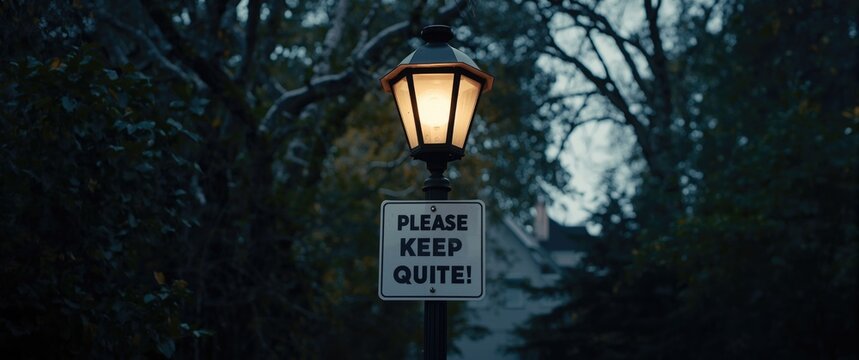 Calm neighborhood street lamp displaying a Please Keep Quiet sign with ample copy space