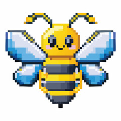 Fototapeta premium Pixel art bee illustration with yellow and blue wings and a smiling face