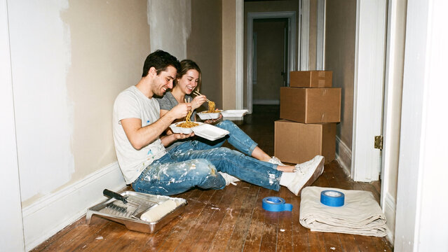 Couple Eating Noodles On Hallway Floor During Late Night Apartment Repainting Break, Disposable Flash Home Renovation Lifestyle