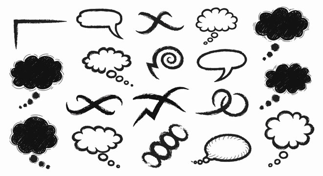 Hand-drawn chalk style thought bubble vector illustration isolated on plain background, featuring sketchy textured lines and a fluffy cloud shape for comic speech or ideas.