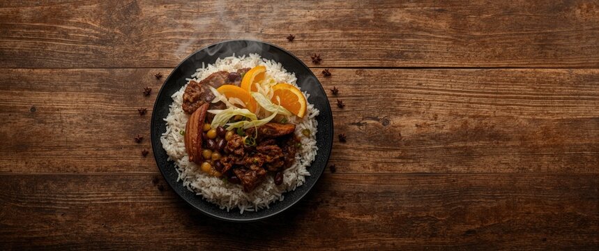 Brazilian Feijoada Served Over Rice Bird's Eye View, Rustic Wooden Background, Warm Colors