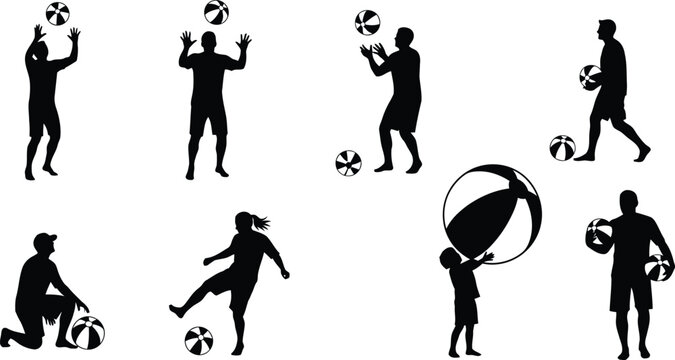 Soccer player vector silhouette set with ball action poses isolated on white