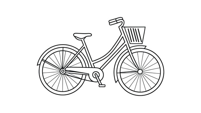 Retro bicycle with basket and fenders on transparent background line art illustration.