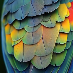 Obraz premium Vibrant parrot plumage detail close up of colorful feathers in blue green yellow and red tones