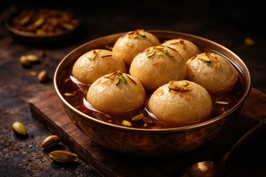 Sweet Rasgulla soaked in nolen gur syrup presented in bowl over dark setting with copy space