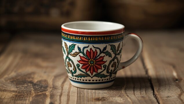 Decorative Hebron Ceramic Coffee Cup Floral Design, Rustic Wooden Background, Close-Up