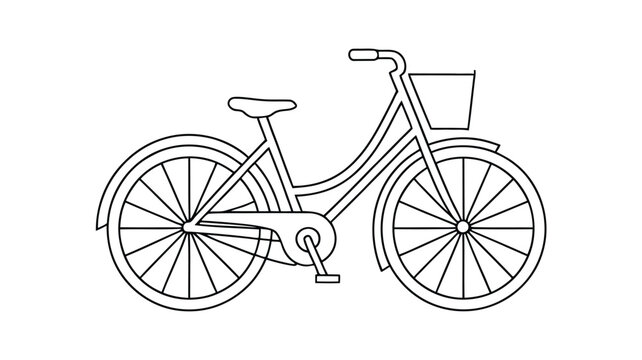 Modern bicycle with basket and fenders on transparent background line art illustration.