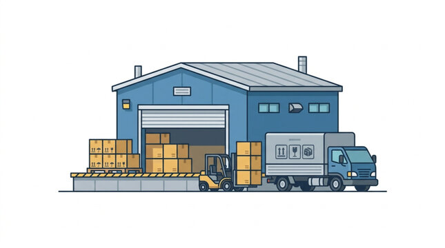 Warehouse Loading Dock with Forklift and Truck.