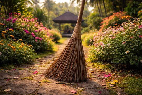 Vibrant flower garden setting highlighting a coconut leaf Sapu Lidi broom in a serene traditional Indonesian style