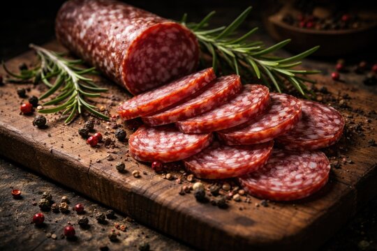 Wooden cutting board displaying sliced salami with pepper and aromatic rosemary emphasizing processed meat health risks