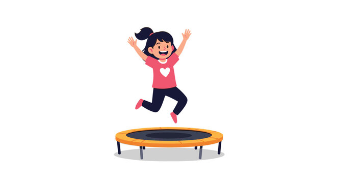 Energetic young girl with a heart on her shirt jumping high on a black and orange trampoline against a white background for active play.
