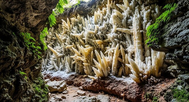 Spiky white crystal formations illuminate a narrow cavern with green moss