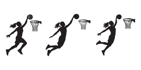 Set of silhouettes of female basketball players jumping and dunking the ball into the hoop © Tanjir