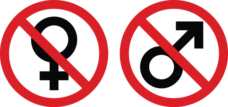 Male and female gender symbols, with no entry prohibition marks representing restricted areas access control warning signs and regulatory restriction icons in clean vector design.