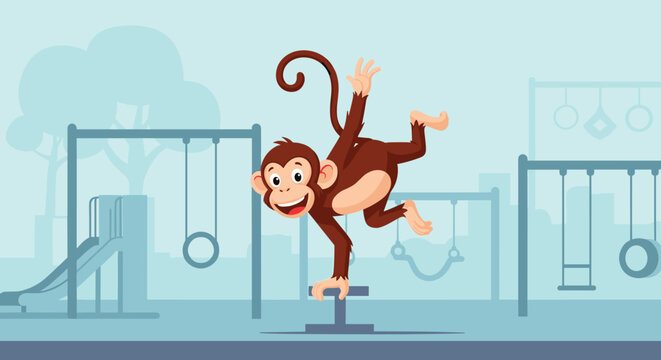 Playful brown monkey character is performing a handstand on a bar in a sunny outdoor playground with swings and slides.