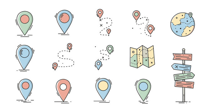 Collection of cute hand-drawn map elements including trees, mountains, houses, compass, and clouds in a whimsical vector style isolated on white background for custom map creation.