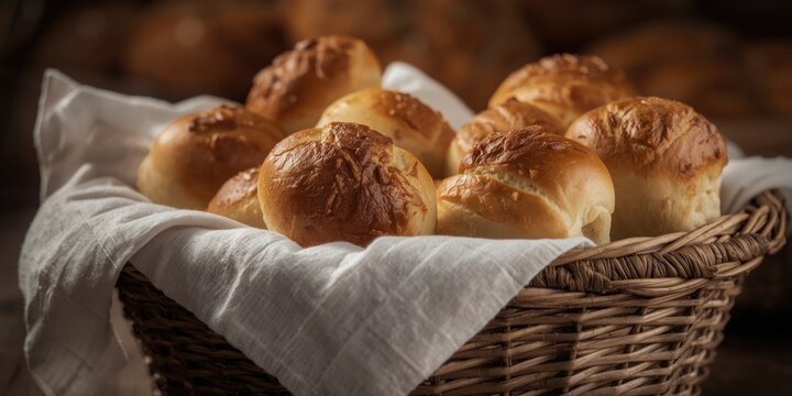 Classic bakery presentation of warm artisan bread rolls in a woven basket for cozy comfort