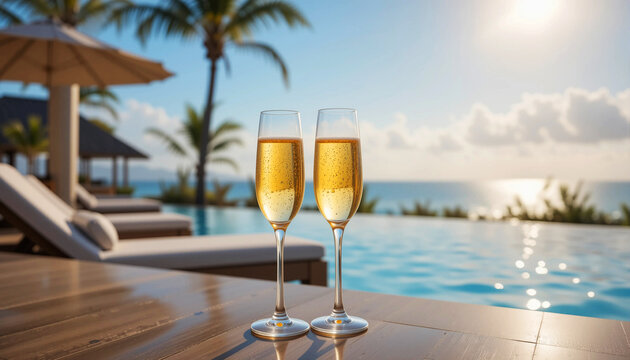 Two glasses of sparkling wine beside a swimming pool framed by tall palm trees, capturing a luxurious tropical resort lifestyle and holiday mood.