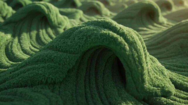 Moss creates rolling waves that mimic the texture and form of ocean swells in a surreal landscape design.
