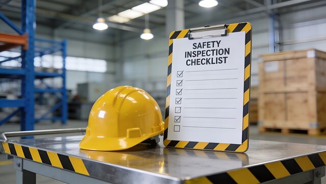 Yellow protective hard hat resting next to a completed safety inspection checklist on a metal table inside a large industrial warehouse during a professional work shift