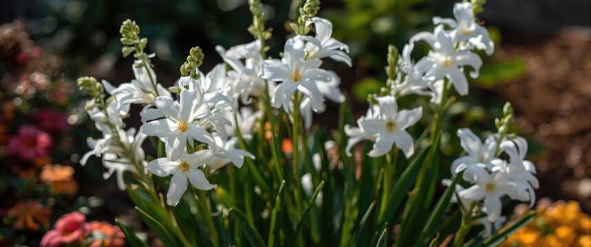 Flourishing White Matthiola Incana Flowers in Bloom Colorful Flowerbed, Bright Daylight, Close-Up