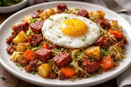 Savory corned beef hash featuring potatoes cabbage carrots and a golden sunny side up egg plated on white