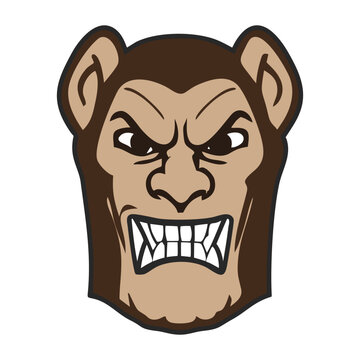 Angry monkey mascot face in cartoon illustration style isolated on white background, vector