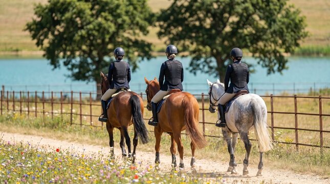 Three horsewomen wearing ride elegant horses along a scenic trail at the equestrian center on a bright summer day - capturing grace, safety, and horse gait walk training