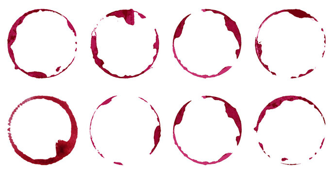 Wine glass stains set. Red circular wine rings and splashes on transparent background. Realistic beverage marks collection for bar or restaurant design, menu decoration.