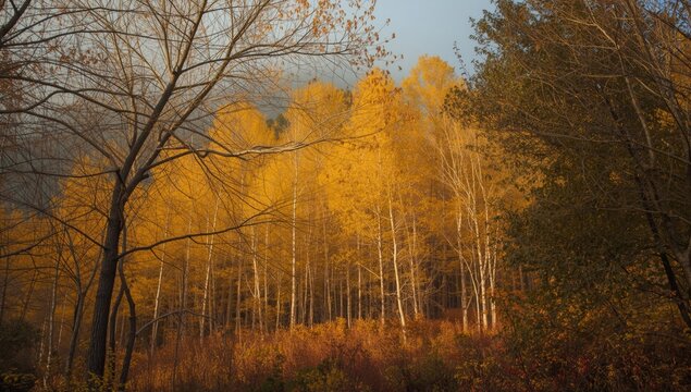 Golden Larches in Autumn Forest Soft Light, Natural Landscape