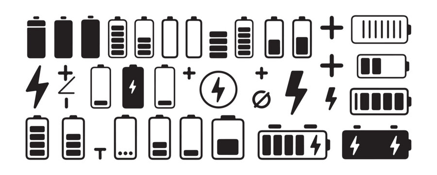 Large collection of battery icons and power symbols for digital interface and technical design projects.