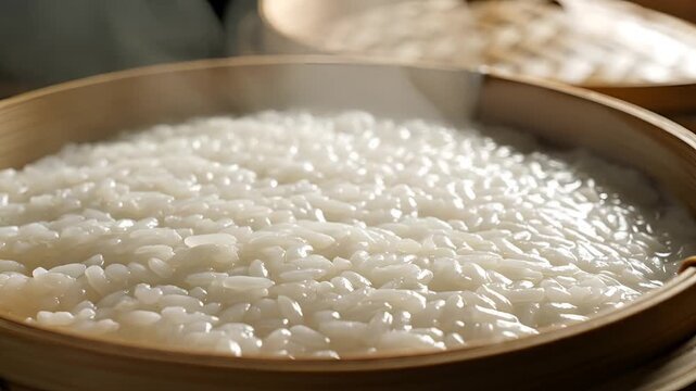 Closeup of steaming white rice in a rustic wooden bowl ready to be served.