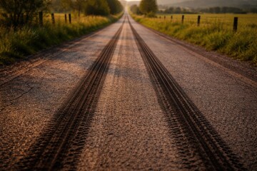 Fototapeta premium Extended vertical framing of road tire marks extending along a country lane