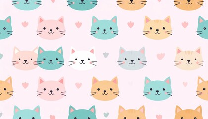 Obraz premium Cute Colorful Cat Face Pattern Arranged on Soft Pink Background