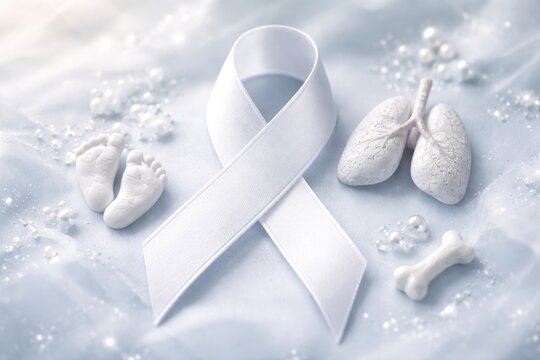 White ribbon design representing advocacy for lung cancer bone cancer and newborn screening