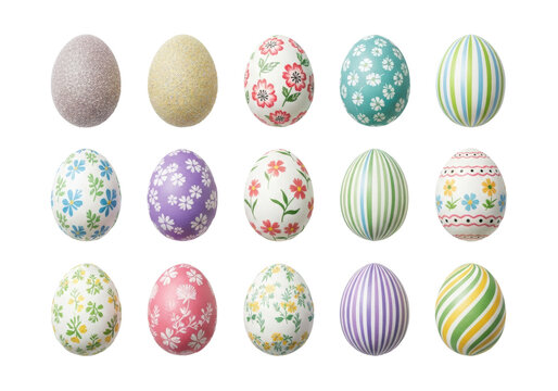 A collection of realistic decorative easter eggs with intricate glitter, floral patterns, and crisp stripes, in a professional studio on a transparent background, celebrating festive spring holiday