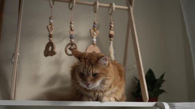 Fluffy ginger cat enjoying a nap on a baby changing table in a sunlit nursery, with shadows from hanging wooden toys dancing on the wall as the sunlight moves across the room