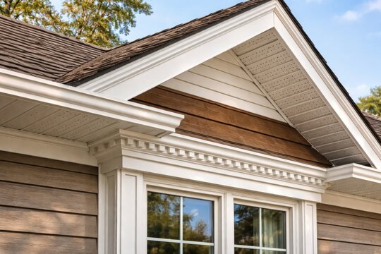 Roof eaves with white soffit ventilation and decorative crown molding above window on house with wood effect vinyl