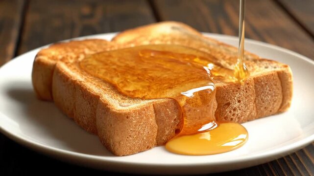 Wholesome sweet honey syrup drizzled on toasted bread slice for perfect breakfast delight