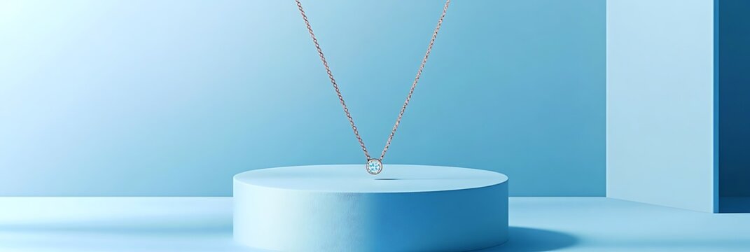 Elegant rose gold necklace with blue stone displayed on minimalist podium product shot