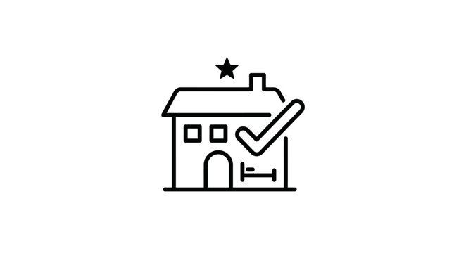 Minimalist illustration of a house with a checkmark and a bed, perfect for accommodation booking services and hospitality
