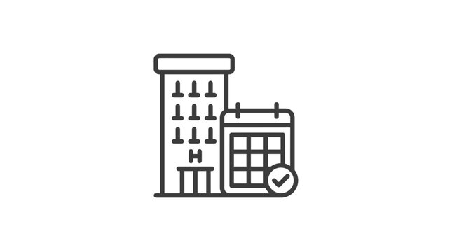 Minimalist single line icon representing hotel reservation and confirmed accommodation booking, featuring a building next to a calendar with a checkmark, suitable for travel planning