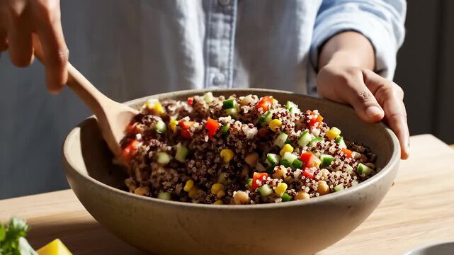 Wholesome light quinoa bowl with fresh vegetable chickpea salad for healthy meal mix