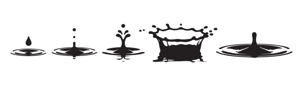 Water drop animation set isolated on transparent background splashes ripple waves black silhouettes.