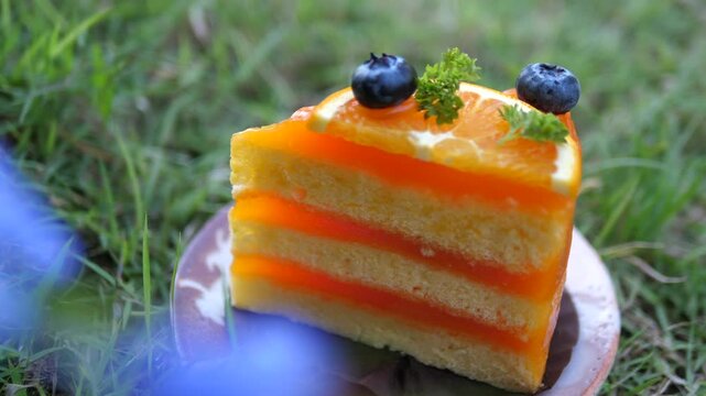 Cinematic close-up of a delicious slice of layered orange sponge cake topped with fresh orange slice and blueberries, blurred blue flowers background