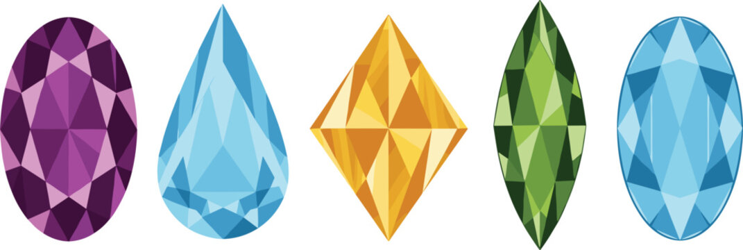 Colorful Faceted Gemstone Vector Element Set Featuring Amethyst, Topaz, Sapphire, and Emerald Crystals for Luxury Jewelry and Game Asset Designs
