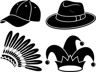 Fototapeta premium Black silhouette of baseball cap, fedora hat, feathered headdress, and jester hat white background