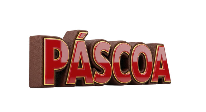 Three-dimensional stylized typography of the word pascoa with glossy crimson faces and dark chocolate textures on a gray background luxury easter atmosphere